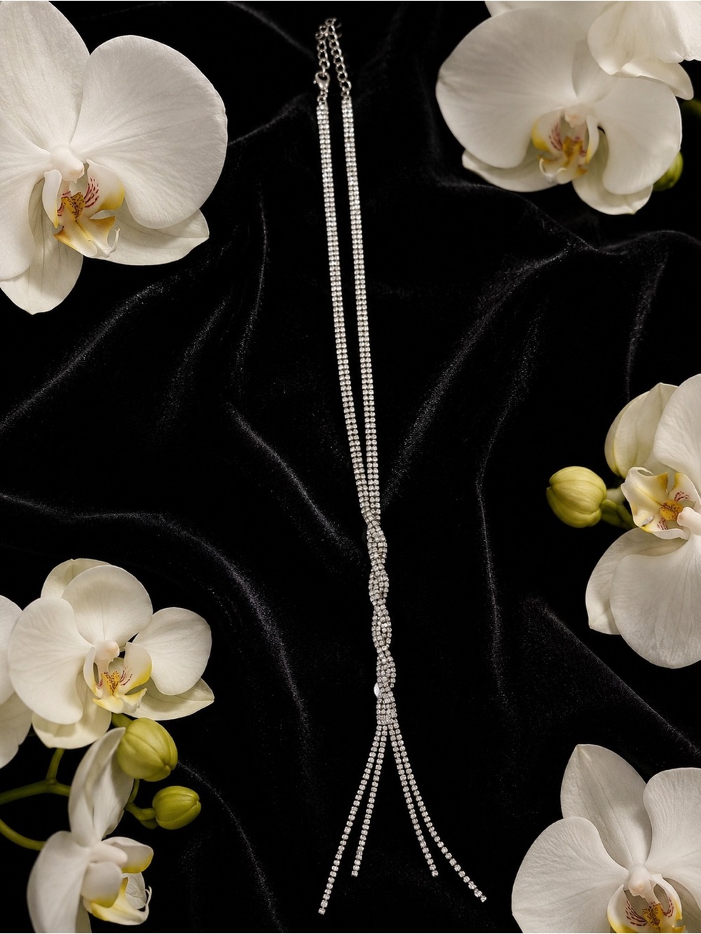 Silver Rhinestone Y-Lariat Necklace with Twisted Knot
